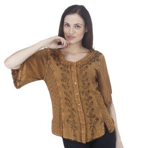 BROWN RENAISSANCE EMBROIDERED HALF SLEEVE BLOUSE TOP
